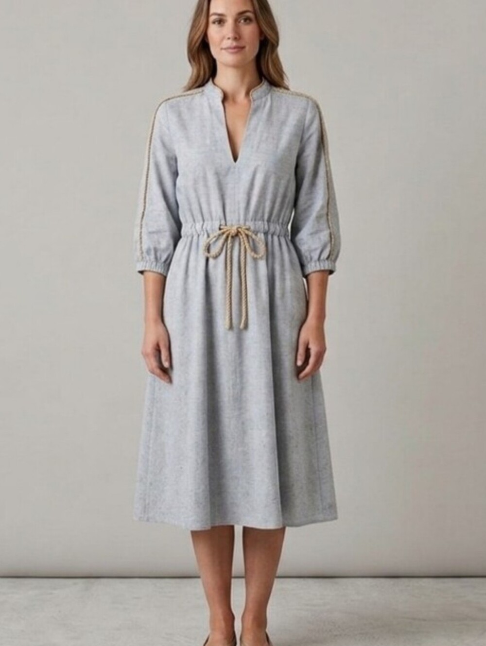 David Warren Midi Dress with Cream Trim and Adjustable Waist